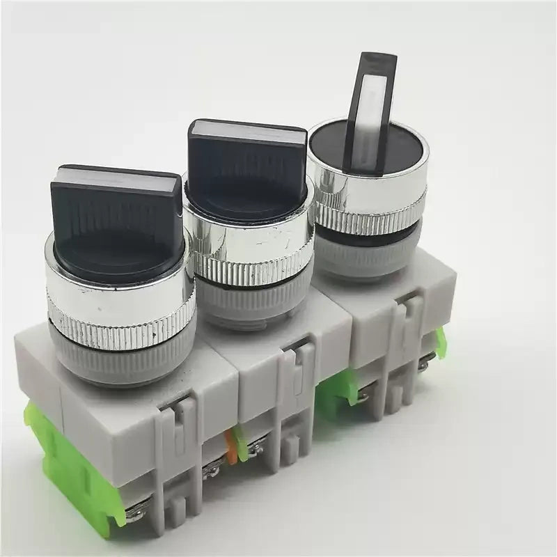 22mm rotary switch, LAY37 selector switch, LAY37-11X2, LAY37-20X3, Y090-20X3, 2 position switch, 3 position switch, self locking button, self reset switch, 1NO 1NC 2NO, industrial control button, round rotary changeover switch