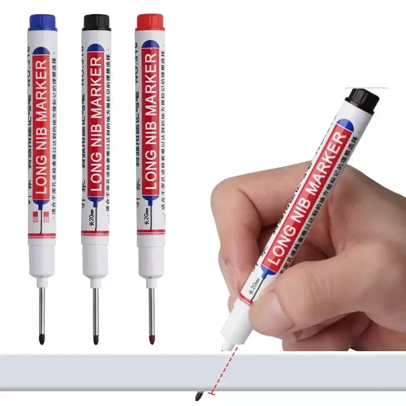 long tip marker,extended nose marker,deep hole marker,permanent oil marker,waterproof marker pen,construction marker,wood marking pen,tile marker,long nose marker,deep reach marker,carpentry marker,industrial marker,fade resistant marker,quick dry marker,hardware marking pen,refillable marker,black red blue marker,woodworking tools