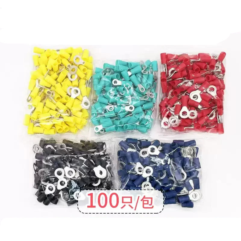 RV ring terminal,pre-insulated ring lug,crimp terminal lug,O-type wire connector,100pcs ring terminal,tinned copper terminal,European standard terminal,insulated wire lug,M3 M4 M5 M6 terminal,electrical crimp connector,automotive wire terminal,distribution cabinet connector,copper cable lug,cold pressed terminal