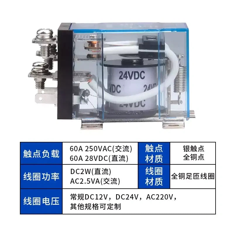 JQX-60F 60A Electromagnetic Intermediate Relay, 1NO 1NC, DC12V DC24V DC48V AC220V, Heavy Duty Electromagnetic Relay