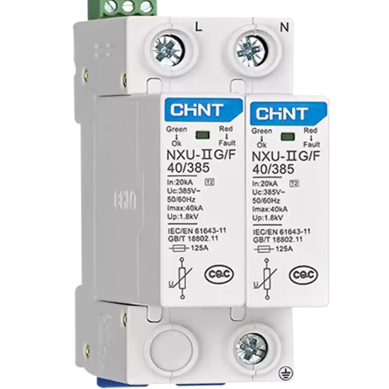 chint nxU-iig spd,surge protection device,ac lightning arrester,2p surge suppressor,20kA 40kA 65kA 100kA din rail spd,385v surge protector,household lightning protection