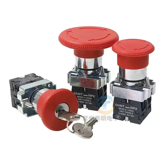 CHINT NP2 emergency stop button,22mm emergency stop switch,mushroom head push button,self‑lock rotate reset button,XB2‑BS542C emergency stop,ZB2 emergency stop,industrial emergency push button,1NC 2NC 1NO1NC stop button,emergency stop with button box,panel mount safety stop switch