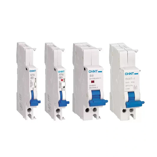 chint nb1 auxiliary contact xf9, xf9j fault alarm contact, s9 shunt trip coil, v9 undervoltage release, ovt overvoltage tripper for miniature circuit breaker