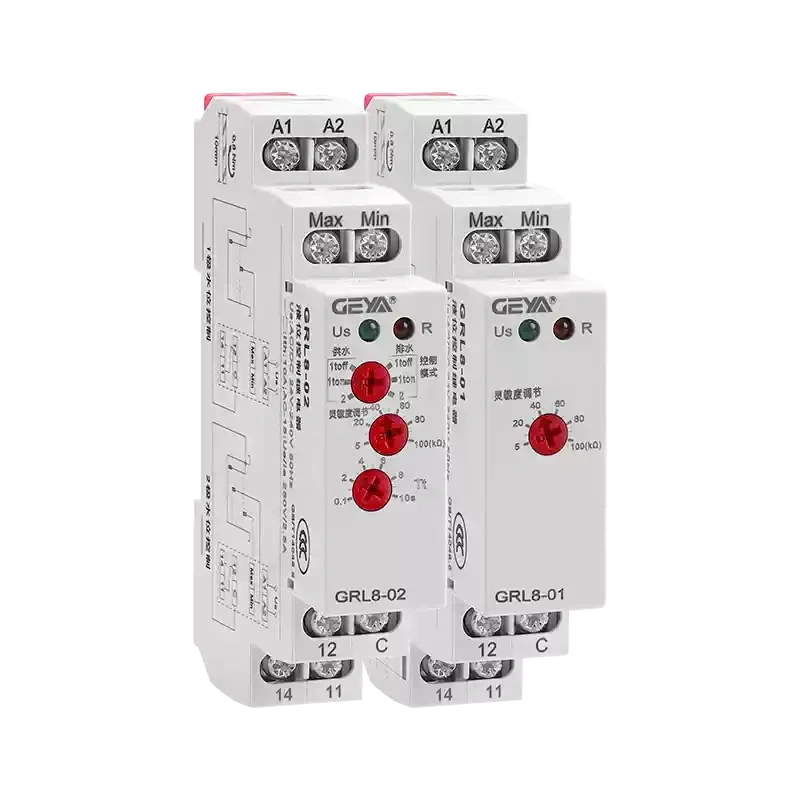 GEYA,GRL8,liquid level control relay,water level controller,water supply drainage relay,din rail level relay,automatic water tank switch,water well tower controller,float level relay,liquid level probe,24‑240V level relay