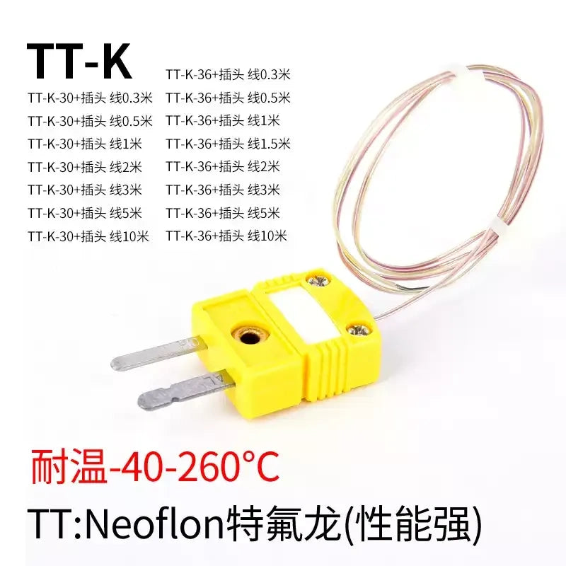 thermocouple wire, K type thermocouple, TT-K-30, TT-K-36, SMPW-K-M, thermocouple cable, temperature sensor wire, PTFE thermocouple wire, Neoflon thermocouple, yellow thermocouple plug, K-type temperature probe wire, ANSI thermocouple, thermal measuring cable
