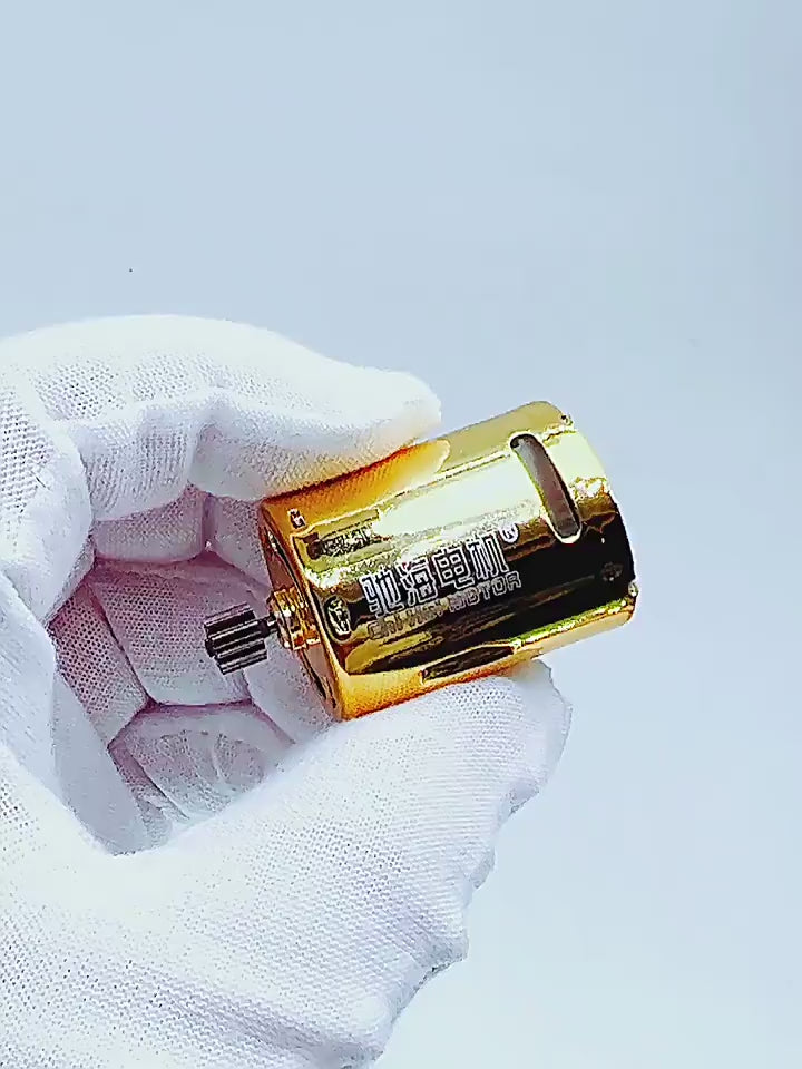 370 motor, MP9-370 motor, DC motor, high speed motor, high torque motor, 50000RPM motor, 33000RPM motor, 7.4V motor, 11.1V motor, NdFeB motor, N35SH motor, sintered neodymium motor, golden motor, ball bearing motor, powder metallurgy gear motor, pre-assembled gear motor, hobby motor, toy motor, plug-in wiring motor, solder-free motor, heat dissipating motor, MP9 pinion gear motor