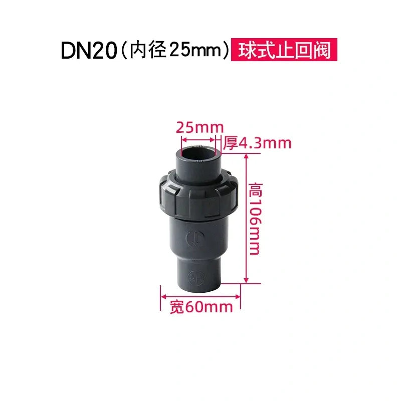 PVC Ball Check Valve, Non Return One Way Valve for Drainage Pipe, Sizes 20/25/32/40/50/63/75/90/110mm