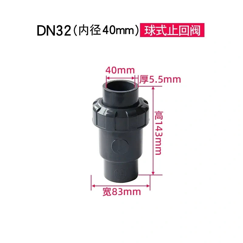 PVC Ball Check Valve, Non Return One Way Valve for Drainage Pipe, Sizes 20/25/32/40/50/63/75/90/110mm