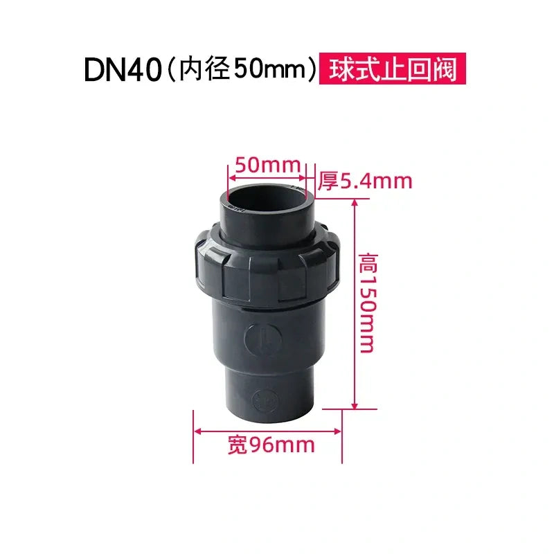 PVC Ball Check Valve, Non Return One Way Valve for Drainage Pipe, Sizes 20/25/32/40/50/63/75/90/110mm
