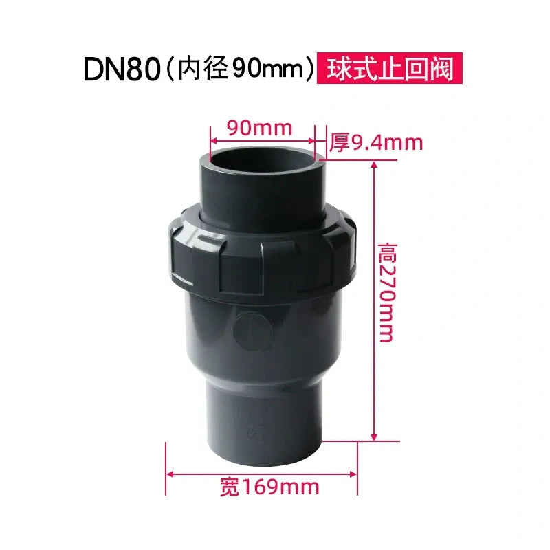 PVC Ball Check Valve, Non Return One Way Valve for Drainage Pipe, Sizes 20/25/32/40/50/63/75/90/110mm