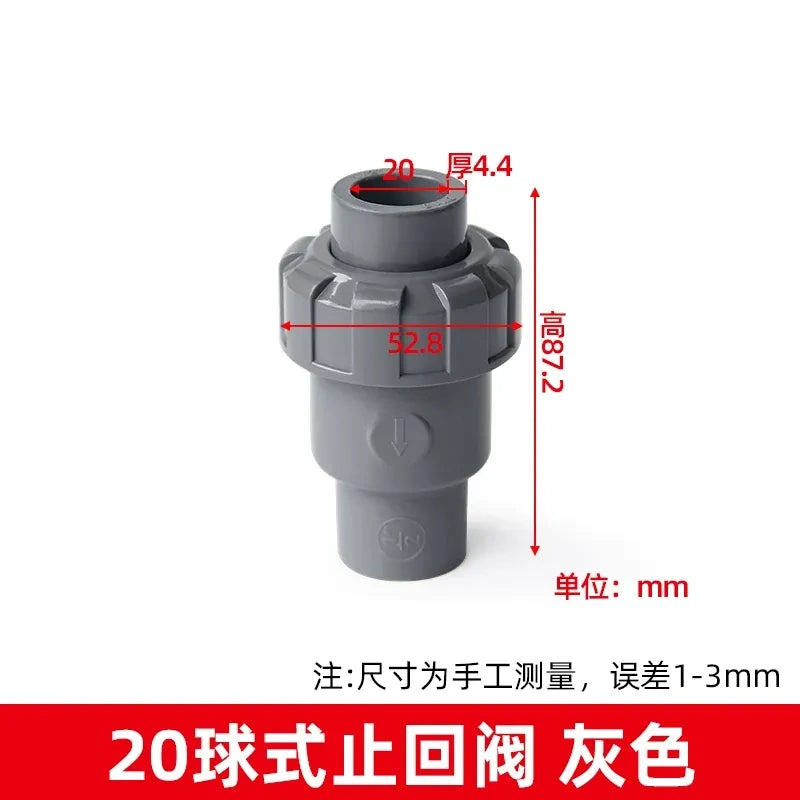 PVC Ball Check Valve, Non Return One Way Valve for Drainage Pipe, Sizes 20/25/32/40/50/63/75/90/110mm