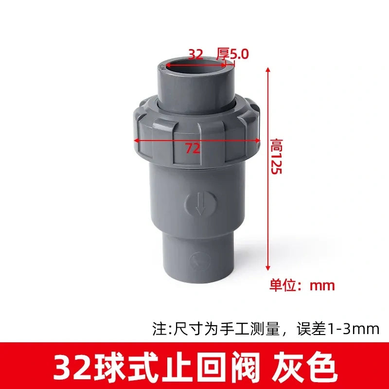 PVC Ball Check Valve, Non Return One Way Valve for Drainage Pipe, Sizes 20/25/32/40/50/63/75/90/110mm