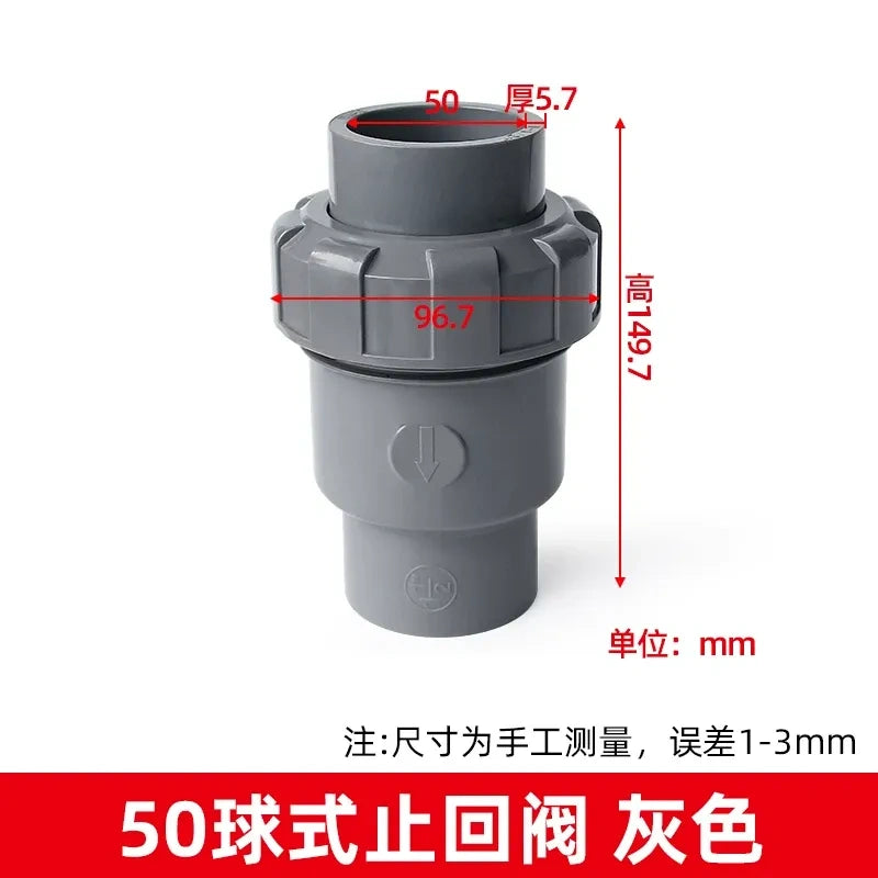 PVC Ball Check Valve, Non Return One Way Valve for Drainage Pipe, Sizes 20/25/32/40/50/63/75/90/110mm
