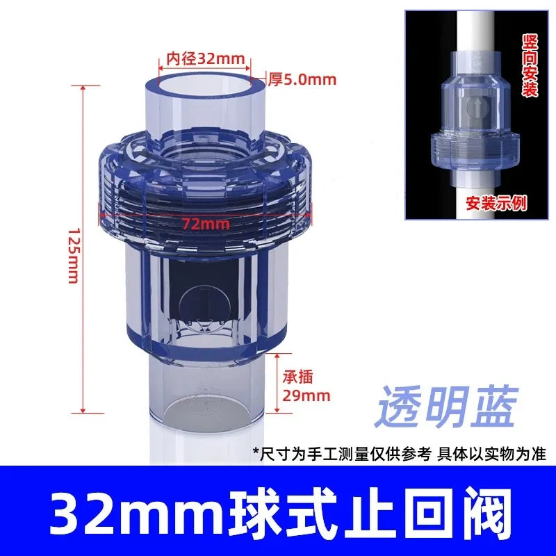 PVC Ball Check Valve, Non Return One Way Valve for Drainage Pipe, Sizes 20/25/32/40/50/63/75/90/110mm