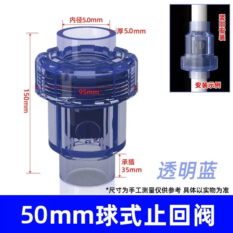 PVC Ball Check Valve, Non Return One Way Valve for Drainage Pipe, Sizes 20/25/32/40/50/63/75/90/110mm
