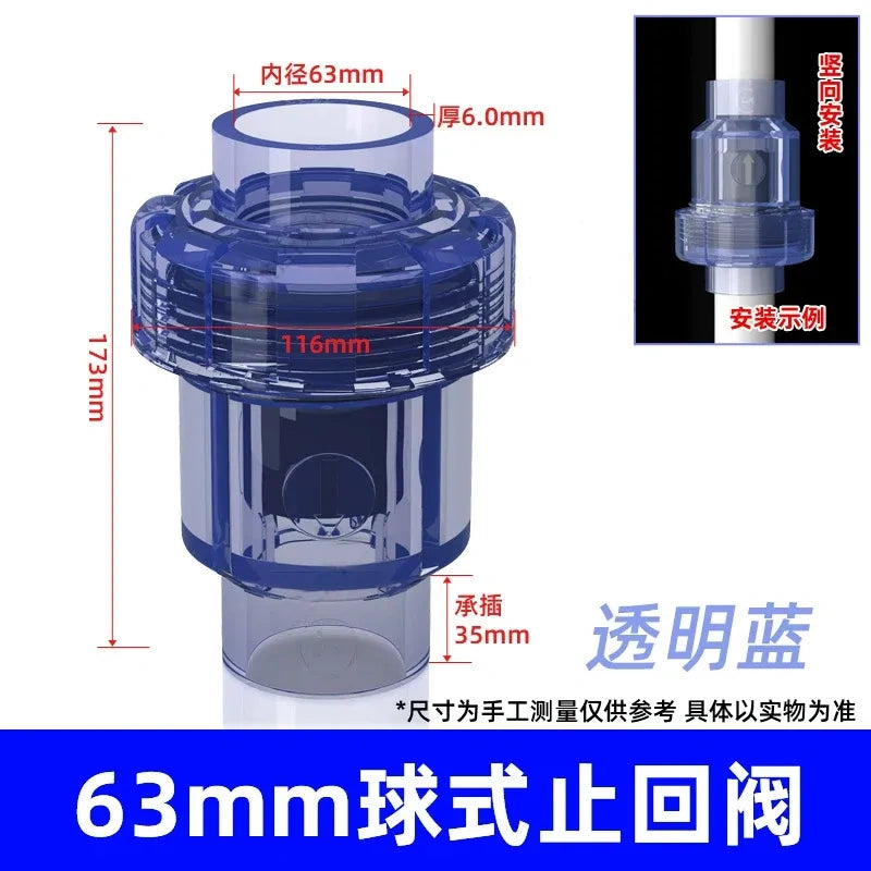 PVC Ball Check Valve, Non Return One Way Valve for Drainage Pipe, Sizes 20/25/32/40/50/63/75/90/110mm