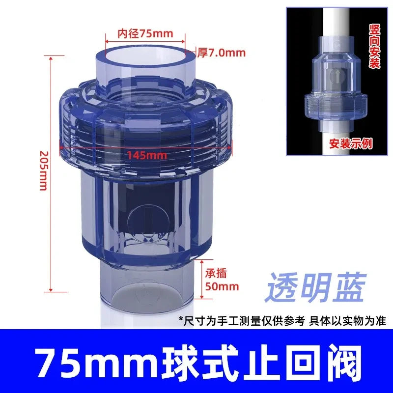 PVC Ball Check Valve, Non Return One Way Valve for Drainage Pipe, Sizes 20/25/32/40/50/63/75/90/110mm
