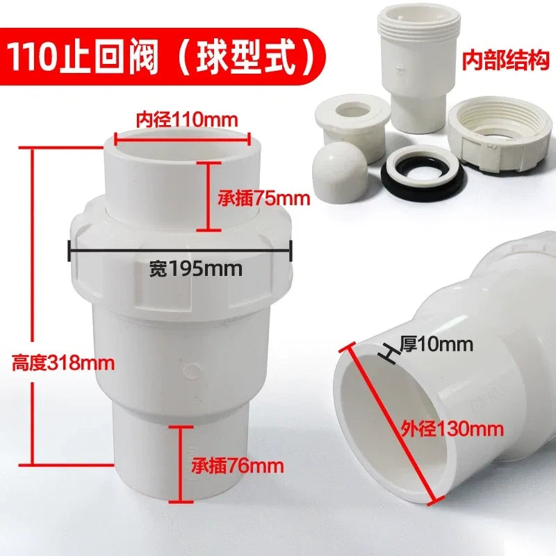 PVC Ball Check Valve, Non Return One Way Valve for Drainage Pipe, Sizes 20/25/32/40/50/63/75/90/110mm