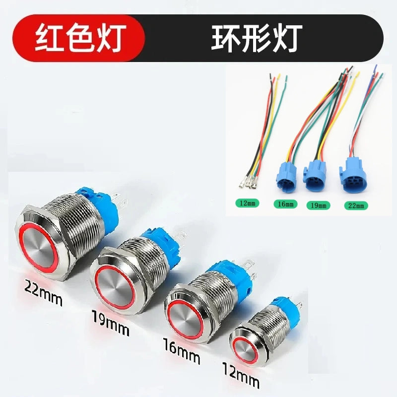 waterproof illuminated metal button, 12mm LED push button, 16mm ring light switch, 19mm power symbol button, 22mm latching switch, IP65 metal button,red ring LED button with connecting wire