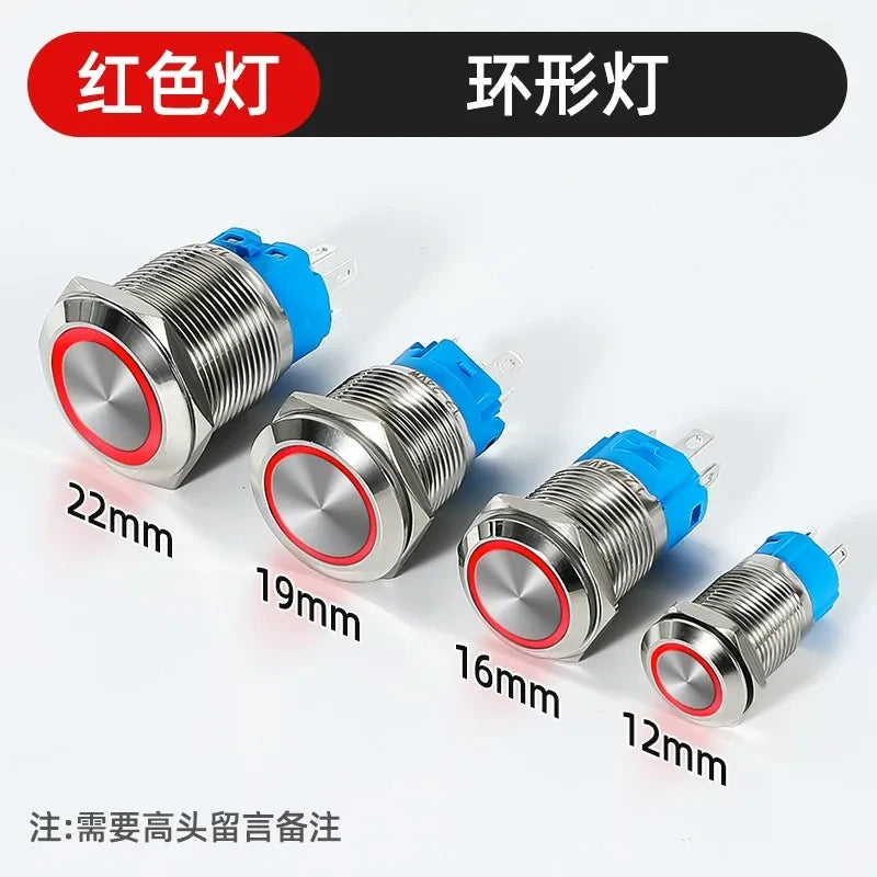 waterproof illuminated metal button, 12mm LED push button, 16mm ring light switch, 19mm power symbol button, 22mm latching switch, IP65 metal button,red ring LED button