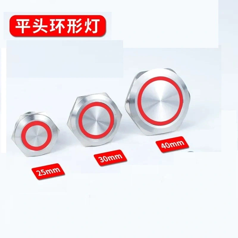 25mm latching switch,30mm momentary button,40mm power symbol button,ip65 waterproof metal switch,nickel‑plated brass button,large size push button with red ring led light