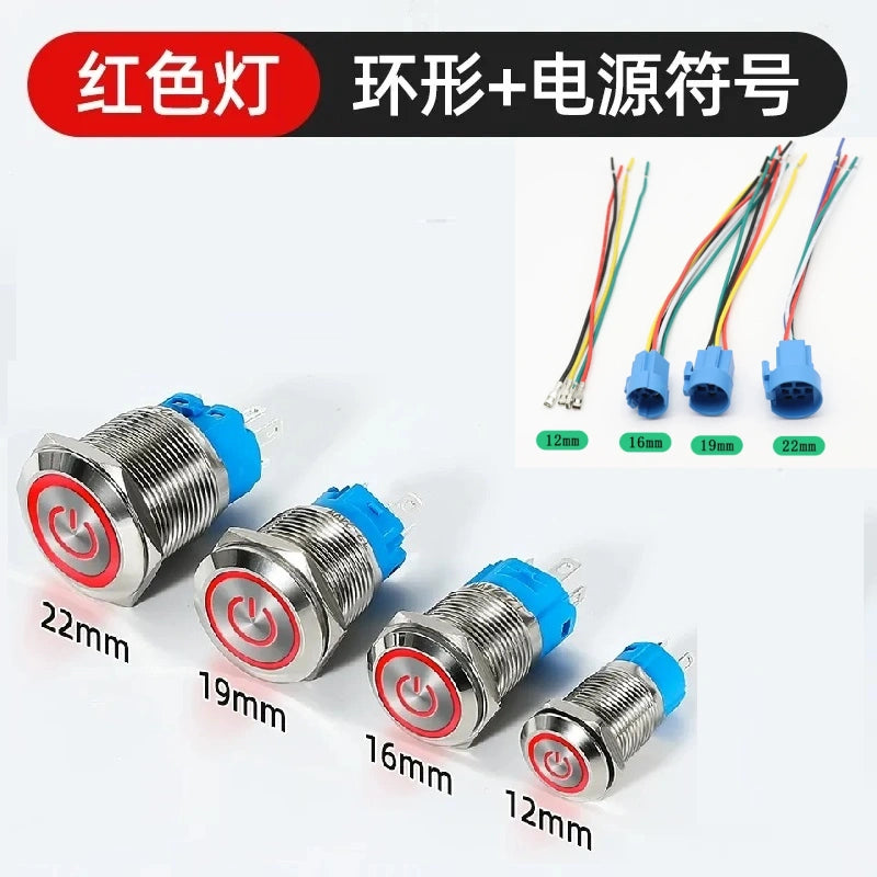 waterproof illuminated metal button, 12mm LED push button, 16mm ring light switch, 19mm power symbol button, 22mm latching switch, IP65 metal button,red power ring LED button with connecting wire