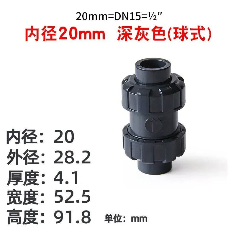 PVC Ball Check Valve, Non Return One Way Valve for Drainage Pipe, Sizes 20/25/32/40/50/63/75/90/110mm