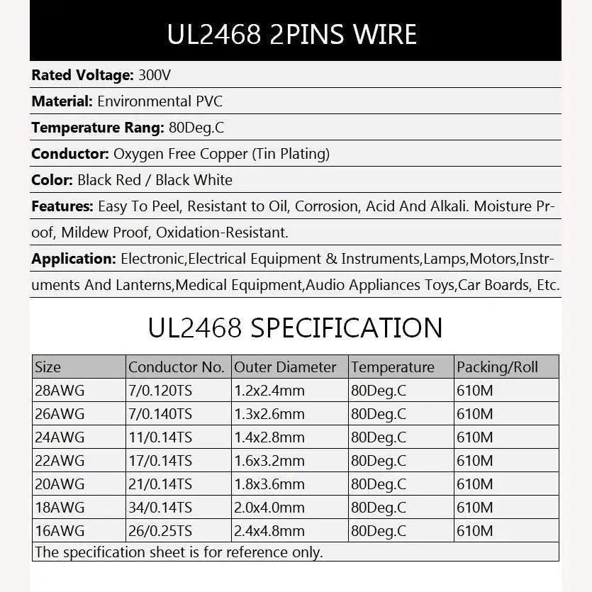 UL2468- 2 Pin Wire Electric Copper Cable| 28-16 AWG / 5-20M Optional - electrical center b2c
