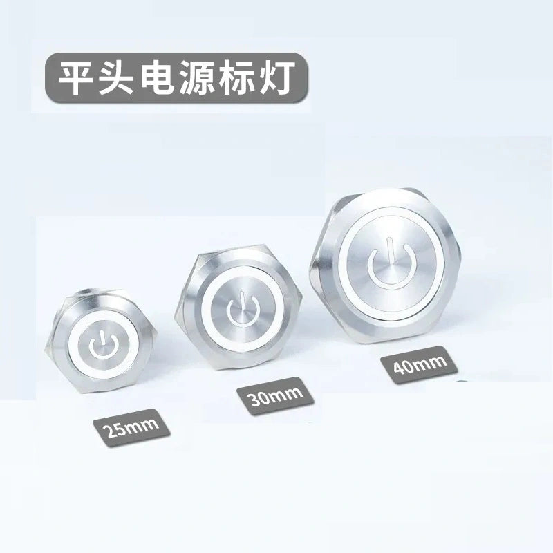 25mm latching switch,30mm momentary button,40mm power symbol button,ip65 waterproof metal switch,nickel‑plated brass button,large size push button with white power led light