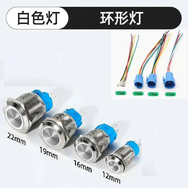 waterproof illuminated metal button, 12mm LED push button, 16mm ring light switch, 19mm power symbol button, 22mm latching switch, IP65 metal button,white ring LED button with connecting wire