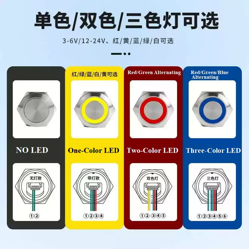 ultra thin push button switch, momentary metal switch, self reset tactile switch, lighted push button, 16mm metal switch, 19mm push button, 22mm momentary switch, 25mm waterproof switch, 30mm metal button, dual color led switch, tri color led switch, pre wired push button, ribbon connector switch, ip65 waterproof switch, 304 stainless steel switch, automotive push button, diy electronics switch, industrial control switch, custom logo push button