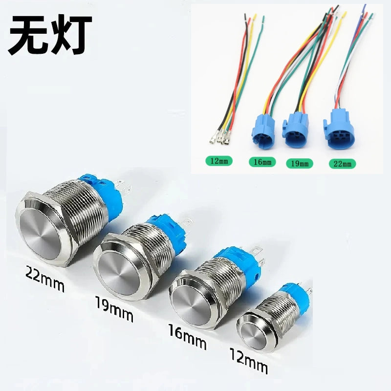 waterproof illuminated metal button, 12mm LED push button, 16mm ring light switch, 19mm power symbol button, 22mm latching switch, IP65 metal button,no LED button with connecting wire