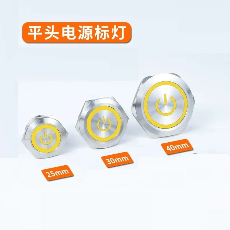 25mm latching switch,30mm momentary button,40mm power symbol button,ip65 waterproof metal switch,nickel‑plated brass button,large size push button with yellow power led light