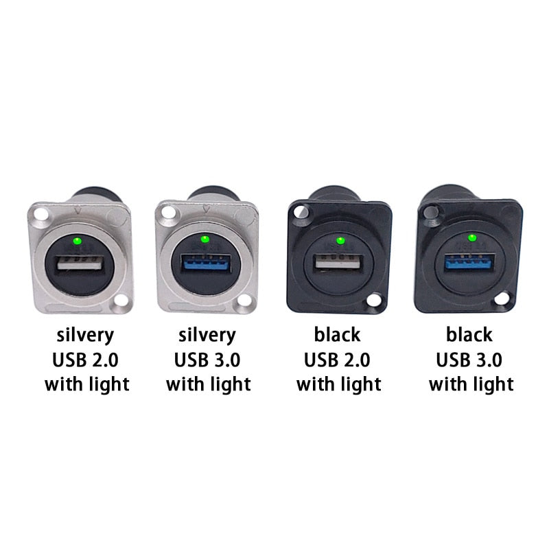 USB 2.0 3.0 connector with LED light female to female panel mounting USB socket black silvery.