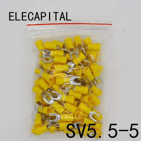 SV5.5-5 Yellow Furcate Terminal Cable Wire Connector 100PCS Fork Type Insulated Wiring Terminals Yellow for AWG 12-10 SV5-5 SV.