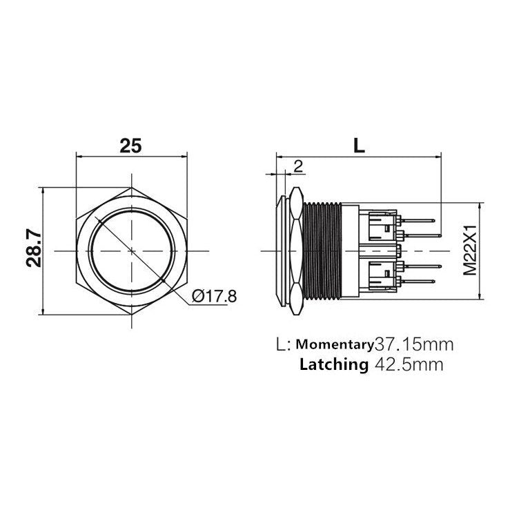 EARU-22mm Press Metal Push Button Switch Stainless Steel Momentary Reset.