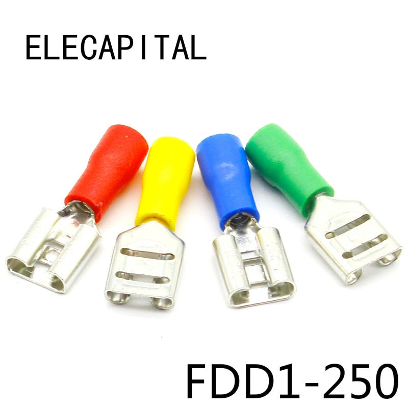 FDD1-250 Female Insulated Electrical Crimp Terminal for 22-16 AWG Connectors Cable Wire Connector 100PCS/Pack FDD1.25-250 FDD.