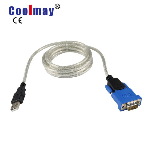 USB to RS232 serial port cable via USB port on computer and coolmay text plc programming line.