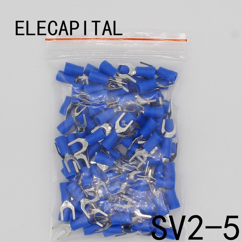 SV2-5 Blue Furcate Insulated Wiring Terminals Cable Wire Connector 100PCS/Pack Insulating Cable Lug terminals SV2.5-5 SV.