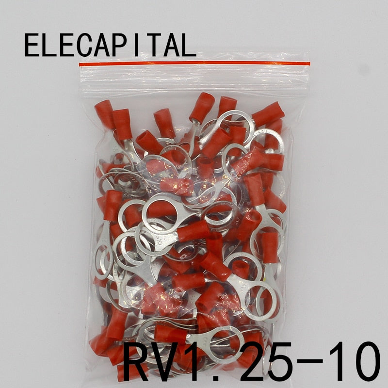 RV1.25-10 Red 22-16 AWG 0.5-1.5mm2 Insulated Ring Terminal Connector Cable Wire Connector 100PCS/Pack RV1-10 RV.
