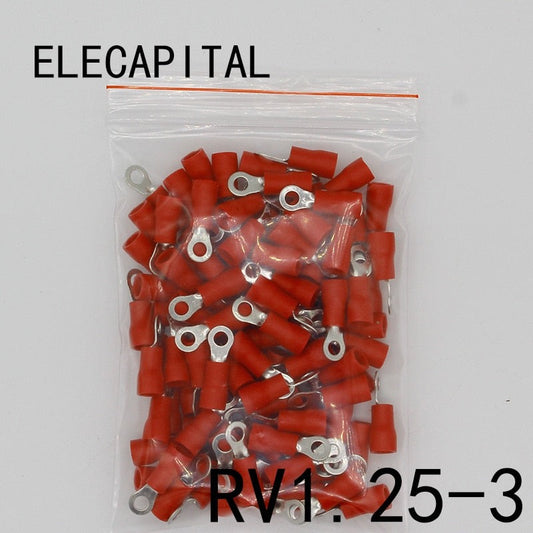 RV1.25-3 Red Ring Insulated Wire Connector Electrical Crimp Terminal RV1.25-3 Cable Wire Connector 100PCS RV1-3 RV.