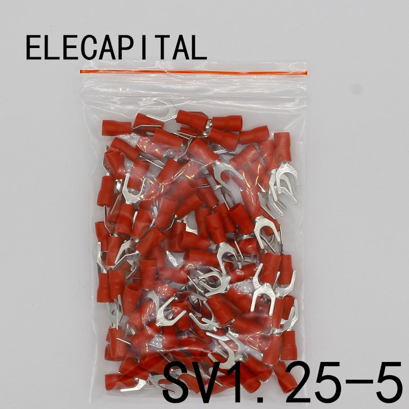 SV1.25-5 Red 100PCS/Pack SV1.25-5 Insulated Fork Cable Wire Terminal Connector Electrical Crimp Terminal SV1-5 SV.