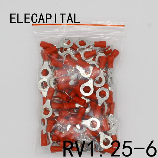 RV1.25-6 Red 22-16 AWG 0.5-1.5mm2 Insulated Ring Terminal Connector Cable Wire Connector 100PCS/Pack RV1-6 RV.