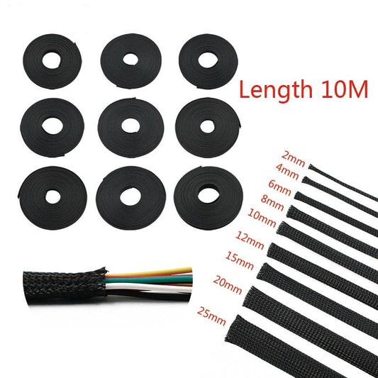 10M Black Insulated Braid Sleeving 2/4/6/8/10/12/15/20/25mm Tight PET Wire Cable Protection Expandable Cable Sleeve Wire Gland.