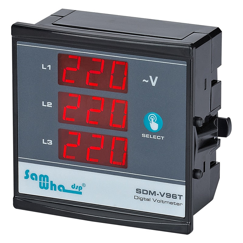 Samwha-Dsp SDM-V96T Digital Three Phase Voltmeter, Shows Phase Sequence, Slim Compact, LED Panel Meter.