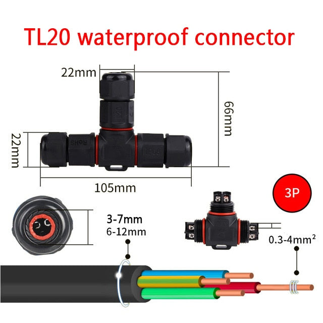 IP68 Waterproof Connector T-Type TL20 2/3 Pin Electrical Terminal Adapter Wire Connector.
