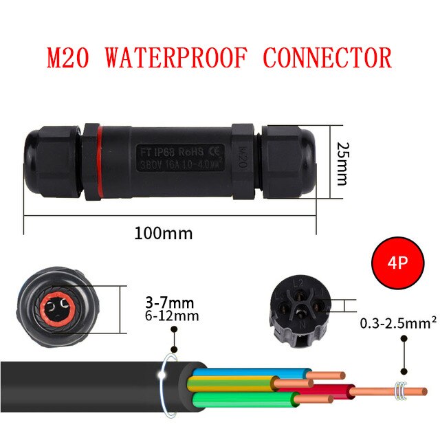 IP68 Waterproof Connector I-Type M20 2/3/4 Pin Electrical Terminal Adapter Wire Connector.