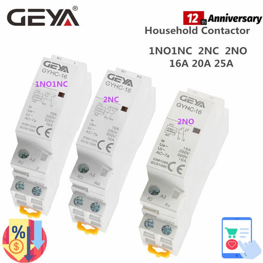 GEYA Din Rail Type Household Modular Contactor 2P 16A  20A 25A 2NC 2NO 1NO1NC 50/60Hz Automatic AC Contactor.