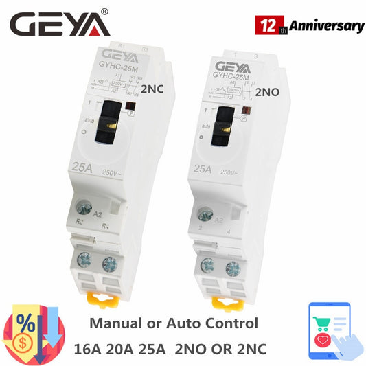 GEYA Manual Control Household Contactor Din Rail Type Modular Contactor 2P 16A 20A 25A 2NO or 2NC 220V.