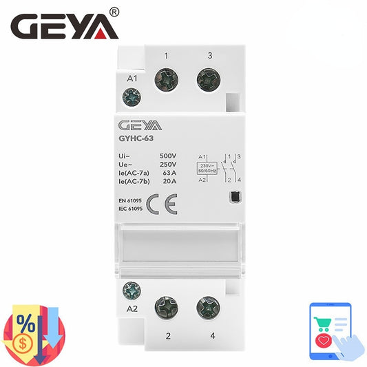 GEYA Modular Contactor 2P 40A 63A 2NO or 2NC or 1NO1NC DIN Rail Mounting AC220V 230V Automatic.